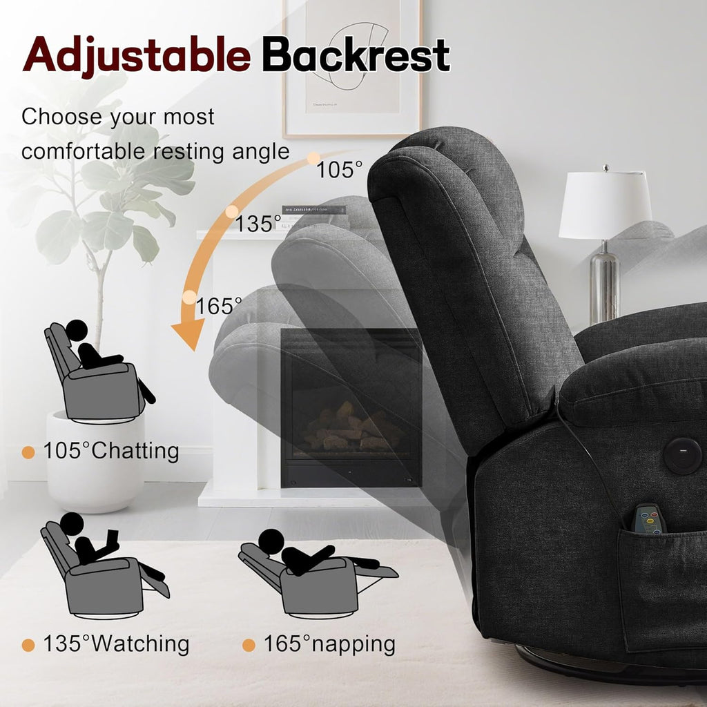 Rocker Recliner, Glider Recliner Chairs for Adults, 360° Swivel Rocking Chair with Massage and Heating, Nursery Chair