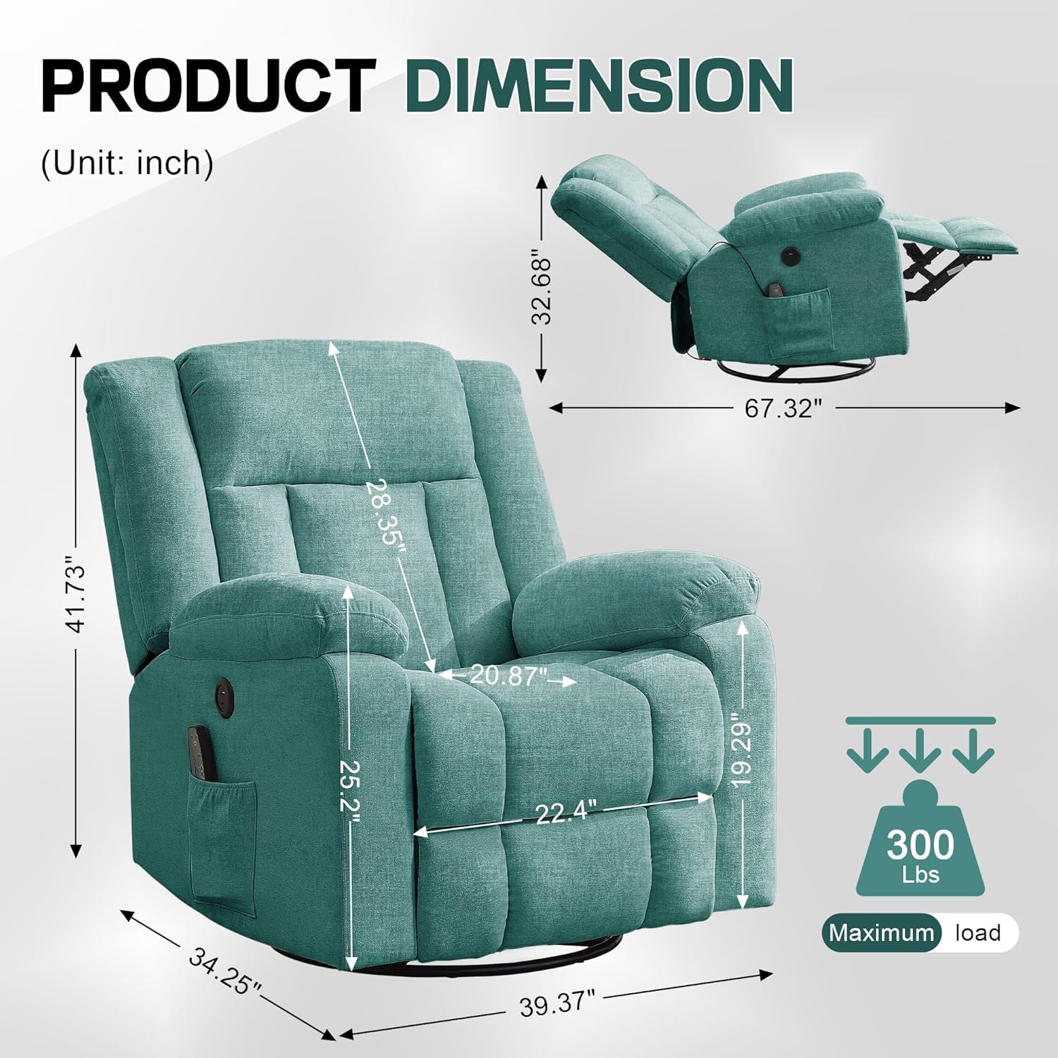 Rocker Recliner, Glider Recliner Chairs for Adults, 360° Swivel Rocking Chair with Massage and Heating, Nursery Chair