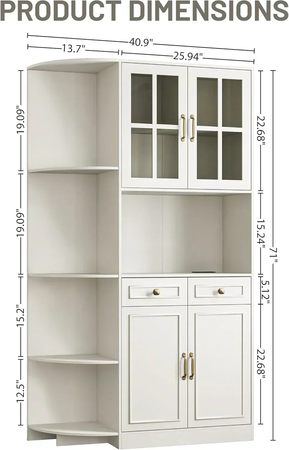 Kitchen Hutch Pantry Cabinet 71" Tall with Glass Doors