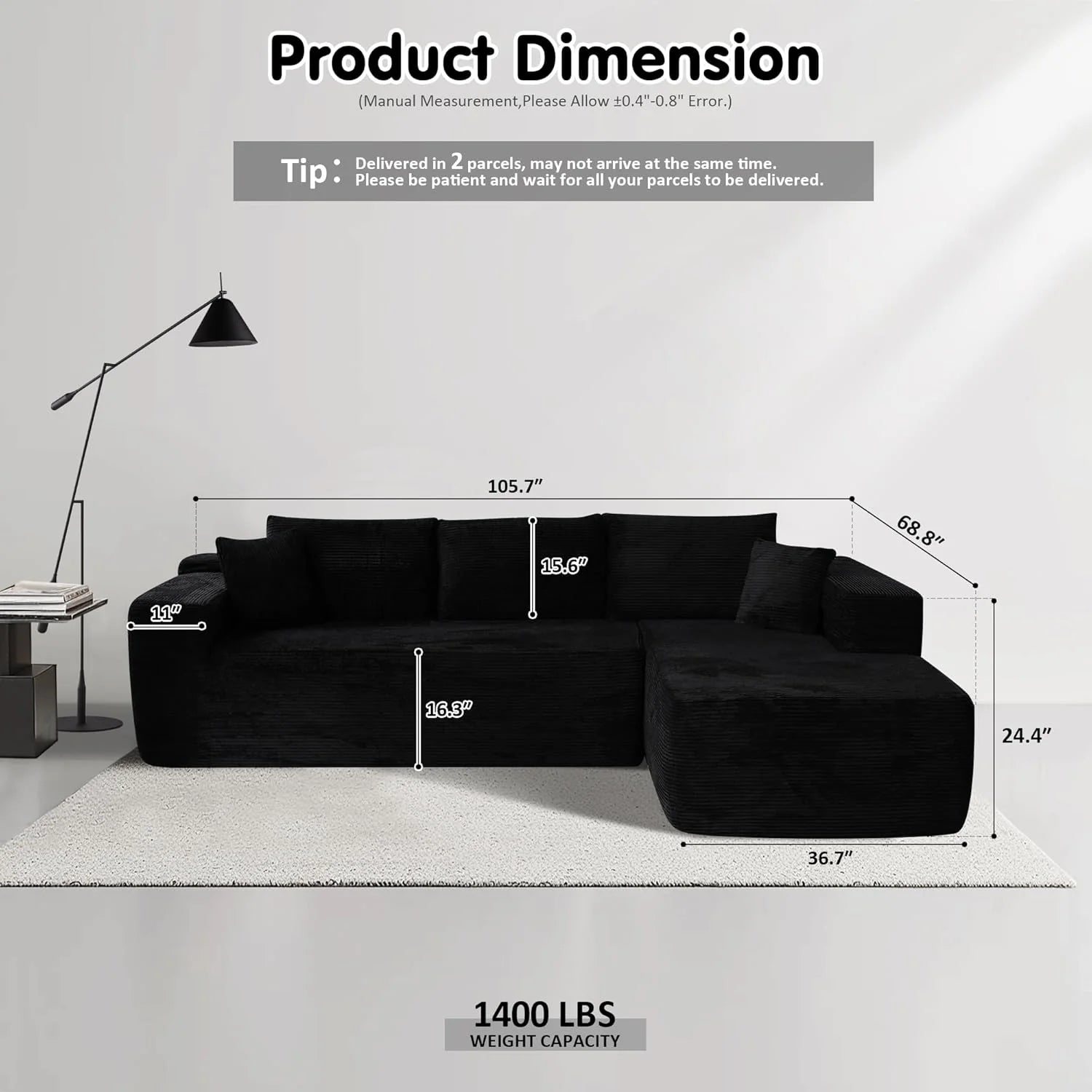 Ovios 104" Cloud Section Sofa L-shaped lounge chair, modern modular sofa