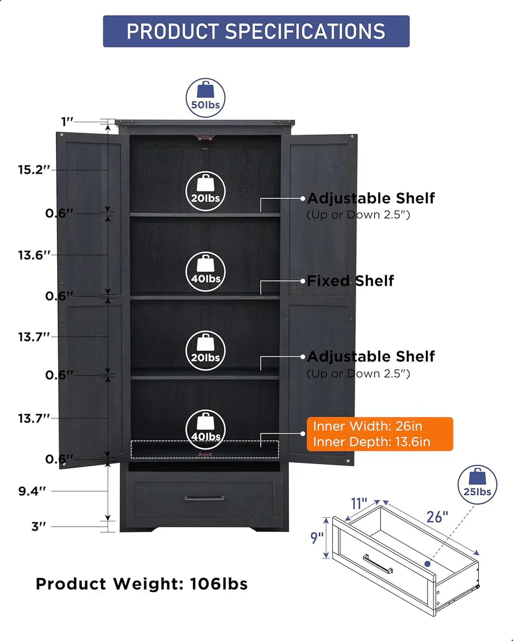 JXQTLINGMU Farmhouse Kitchen Pantry 72" Tall Wood Kitchen Storage Cabinet Adjustable Shelves
