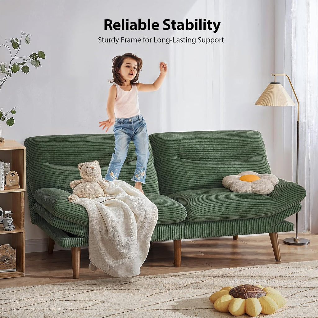 Pipishell Convertible Futon Sofa Bed,66" Corduroy Futon Couch with Adjustable Backrest and Armrests, Recliner Sleeper Sofa for Small Spaces, Play Room or Office, Grey
