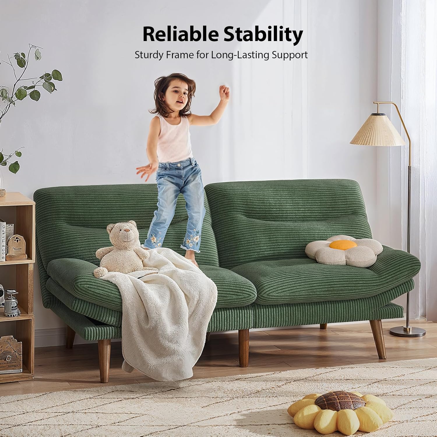 Pipishell Convertible Futon Sofa Bed,66" Corduroy Futon Couch with Adjustable Backrest and Armrests, Recliner Sleeper Sofa for Small Spaces, Play Room or Office, Grey