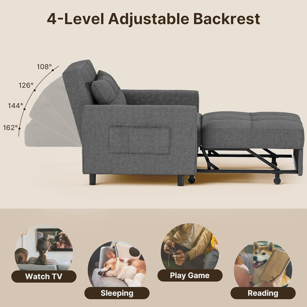 Sofa Bed Chair 3 in 1 Convertible Pullout Single Sleeper Chair Bed Spacious Multifunctional Sofa
