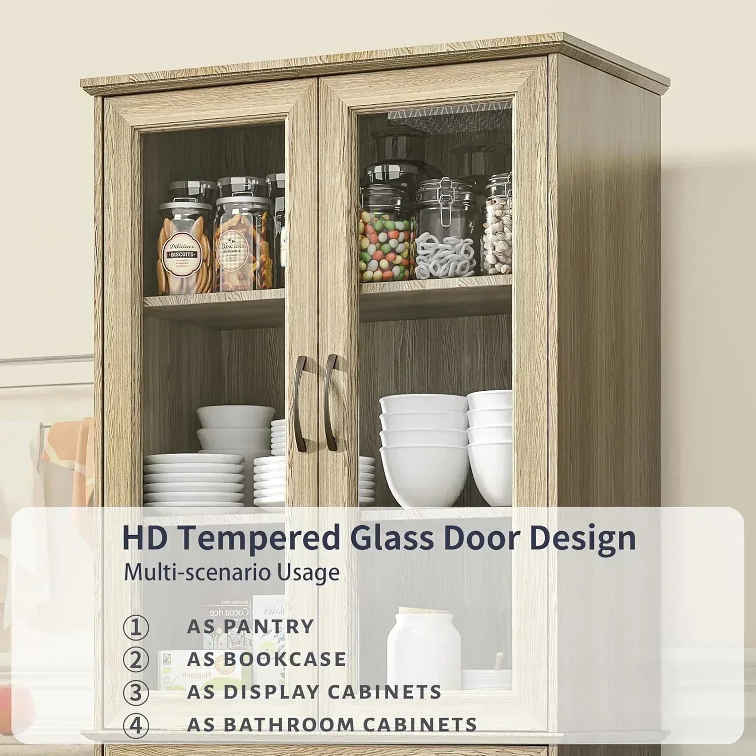 Kitchen Hutch Pantry Cabinet 71" Tall with Glass Doors