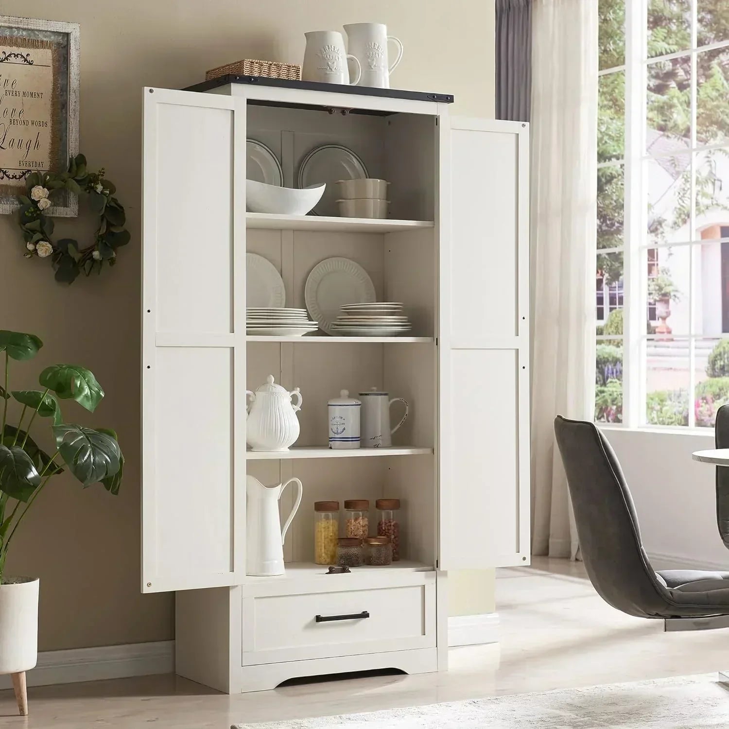 JXQTLINGMU Farmhouse Kitchen Pantry 72" Tall Wood Kitchen Storage Cabinet Adjustable Shelves