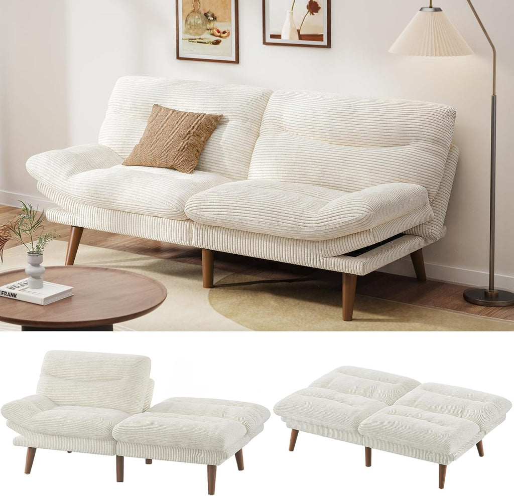 Pipishell Convertible Futon Sofa Bed,66" Corduroy Futon Couch with Adjustable Backrest and Armrests, Recliner Sleeper Sofa for Small Spaces, Play Room or Office, Grey