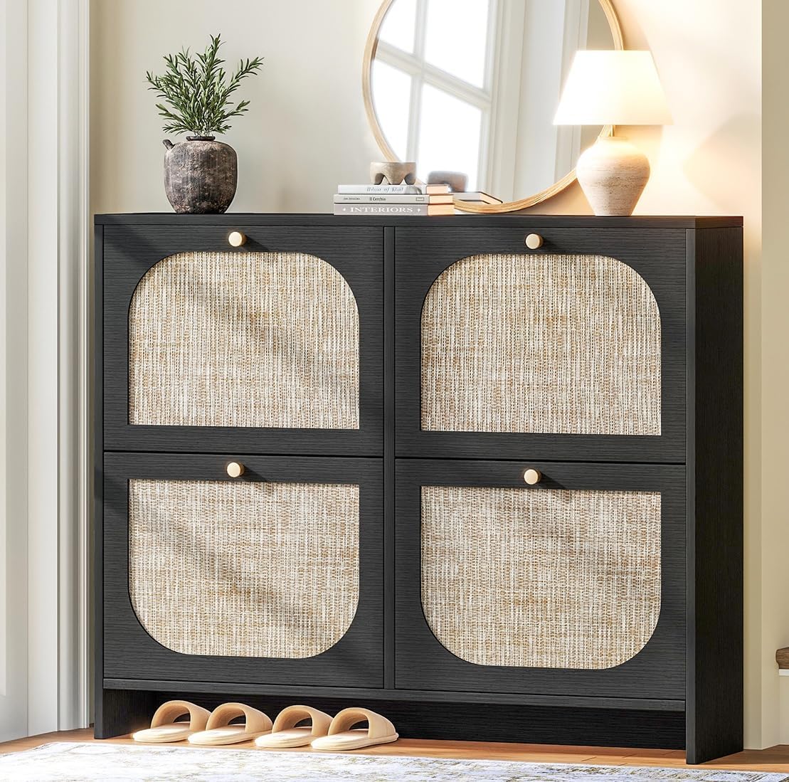 Nicetree freestanding ultra-thin arched rattan shoe cabinet