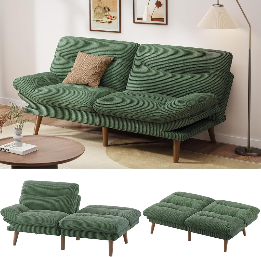 Pipishell Convertible Futon Sofa Bed,66" Corduroy Futon Couch with Adjustable Backrest and Armrests, Recliner Sleeper Sofa for Small Spaces, Play Room or Office, Grey