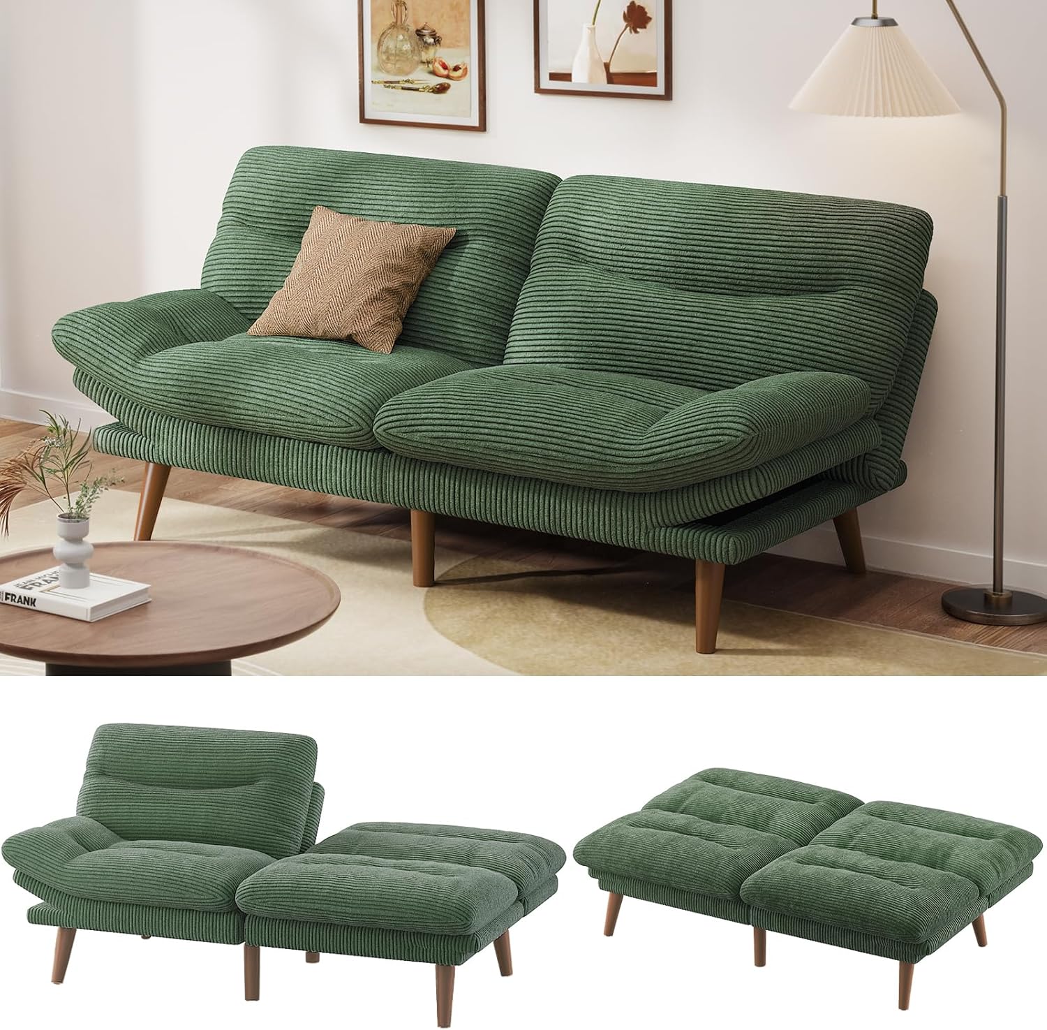 Pipishell Convertible Futon Sofa Bed,66" Corduroy Futon Couch with Adjustable Backrest and Armrests, Recliner Sleeper Sofa for Small Spaces, Play Room or Office, Grey