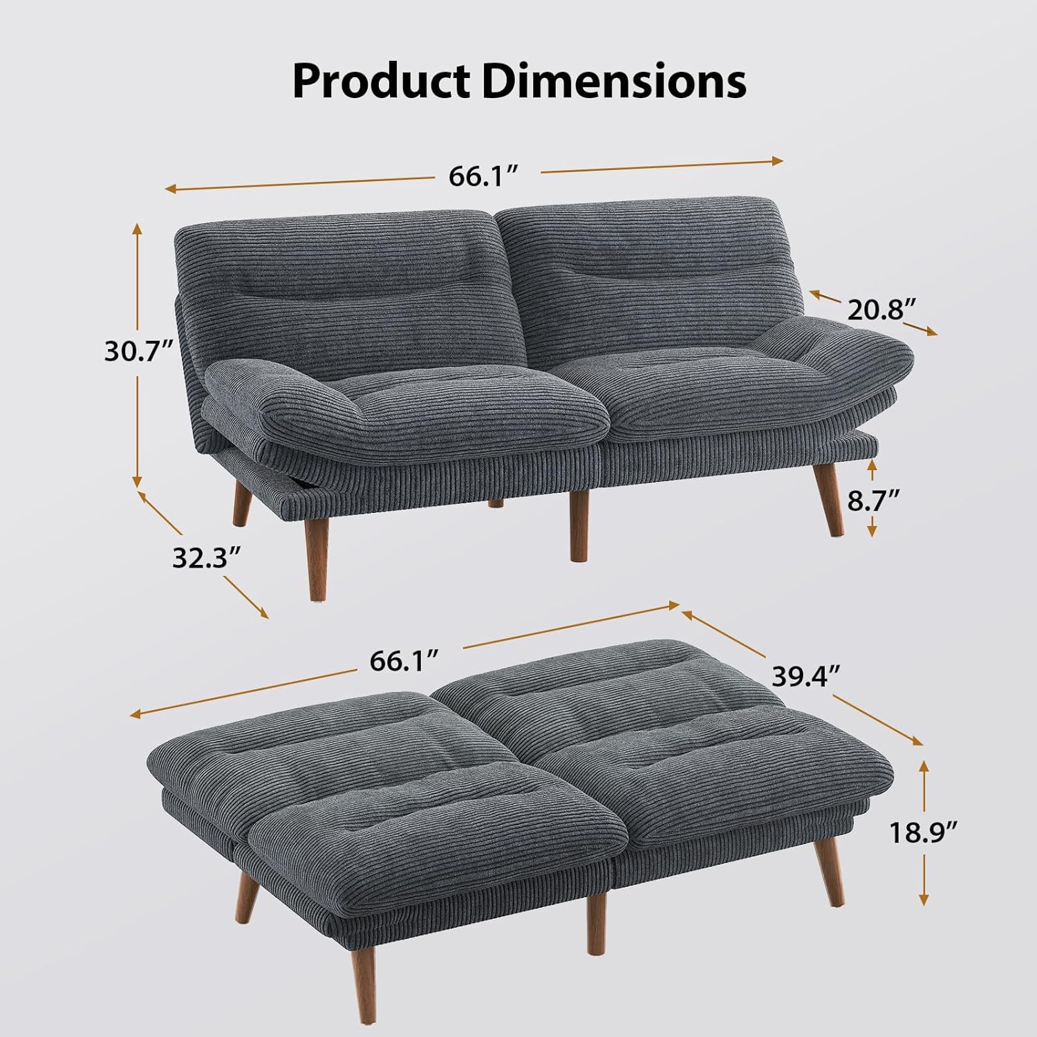 Pipishell Convertible Futon Sofa Bed,66" Corduroy Futon Couch with Adjustable Backrest and Armrests, Recliner Sleeper Sofa for Small Spaces, Play Room or Office, Grey
