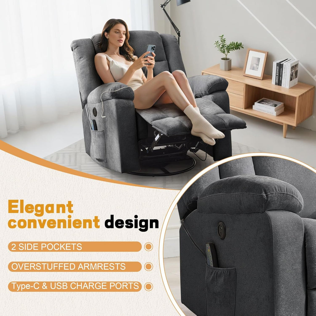 Rocker Recliner, Glider Recliner Chairs for Adults, 360° Swivel Rocking Chair with Massage and Heating, Nursery Chair