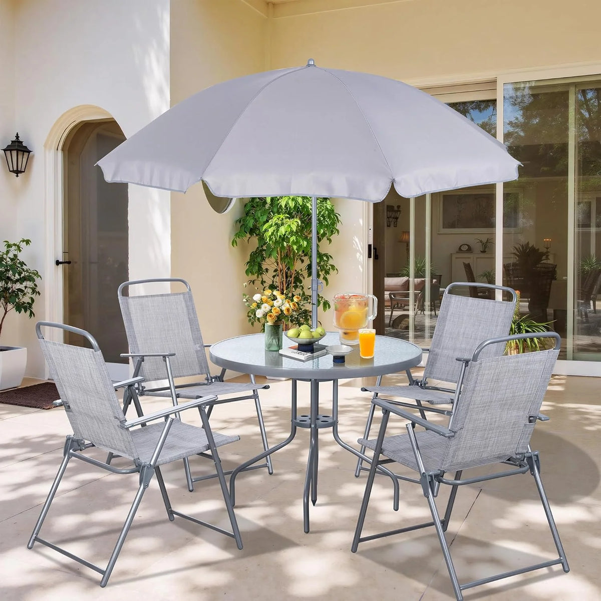 Vongrasig 6 Piece Folding Patio Dining Set,Small Metal Outdoor Garden Patio Table and Chair Set w/Umbrella for Lawn,Deck,Backyard,Black