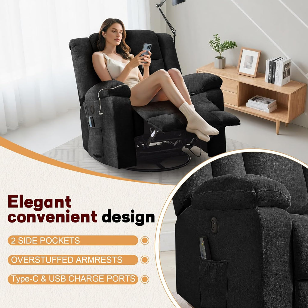 Rocker Recliner, Glider Recliner Chairs for Adults, 360° Swivel Rocking Chair with Massage and Heating, Nursery Chair