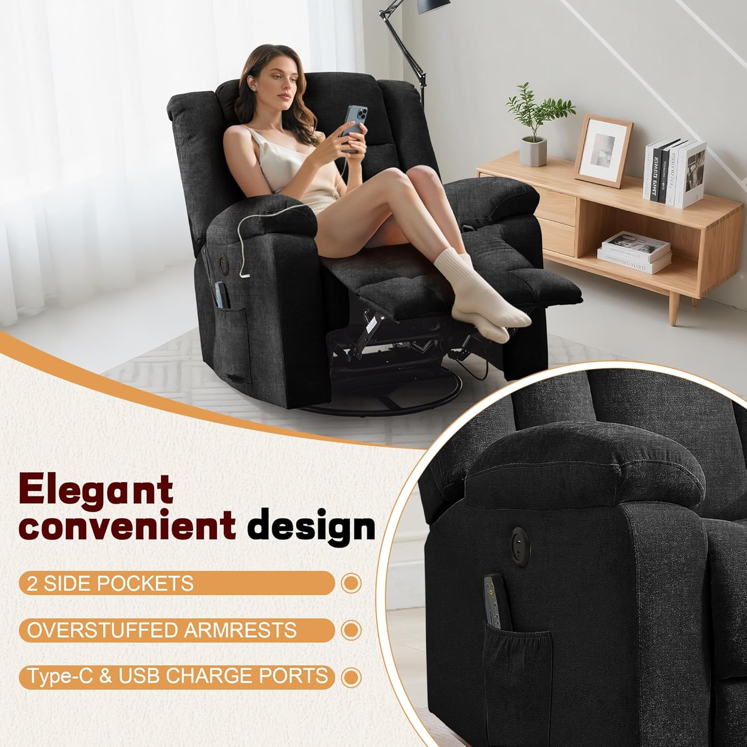 Rocker Recliner, Glider Recliner Chairs for Adults, 360° Swivel Rocking Chair with Massage and Heating, Nursery Chair