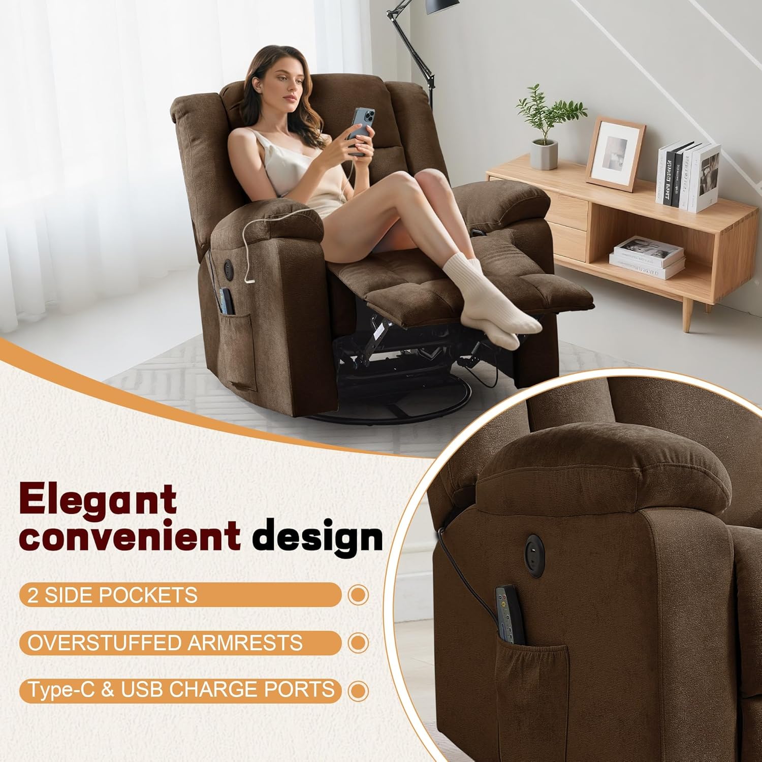 Rocker Recliner, Glider Recliner Chairs for Adults, 360° Swivel Rocking Chair with Massage and Heating, Nursery Chair
