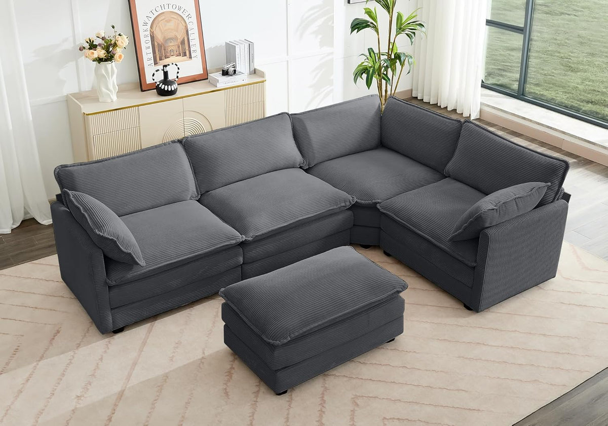 ROWHY Oversized Modular Sectional Sofa with Movable Ottoman, 112 Inch 4 Seat Modern Corduroy Sofa Set, Convertible L Shaped Couch for Living Room and Office, Beige