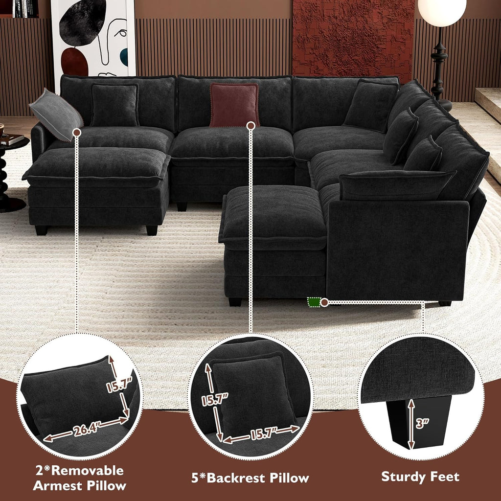 Ihanherry 146" U-Shaped Modern Sofa Modular Sectional Cloud Couch with 2 Ottoman, 6-Seat Chenille Deep Seat Sofa with 6 Pillows for Living Room, Bedroom and Apartment, Grey