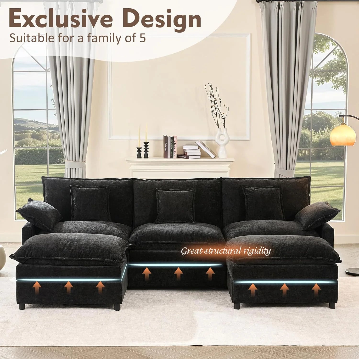 108 Inch U Shape Sofa Sectional Sofa Comfortable Cloud Sofa with Removable Footstool