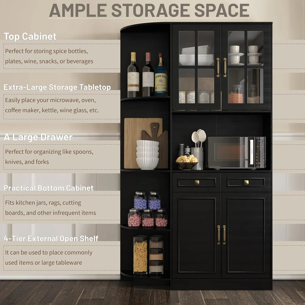 Kitchen Hutch Pantry Cabinet 71" Tall with Glass Doors