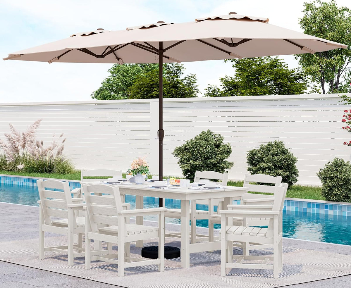 SERWALL 7-Piece Patio Dining Table Sets, Outdoor HDPE Dining Furniture Set with Umbrella Hole Cut-Out Table and 6 Chairs, Blue