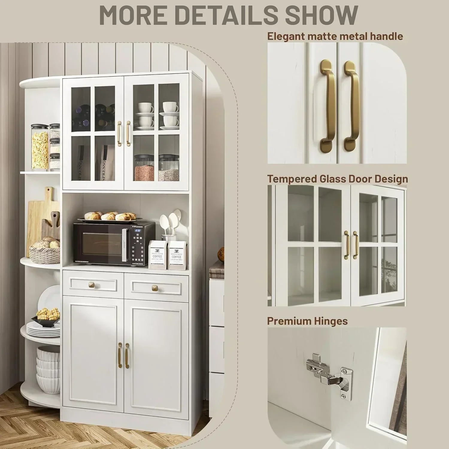 Kitchen Hutch Pantry Cabinet 71" Tall with Glass Doors