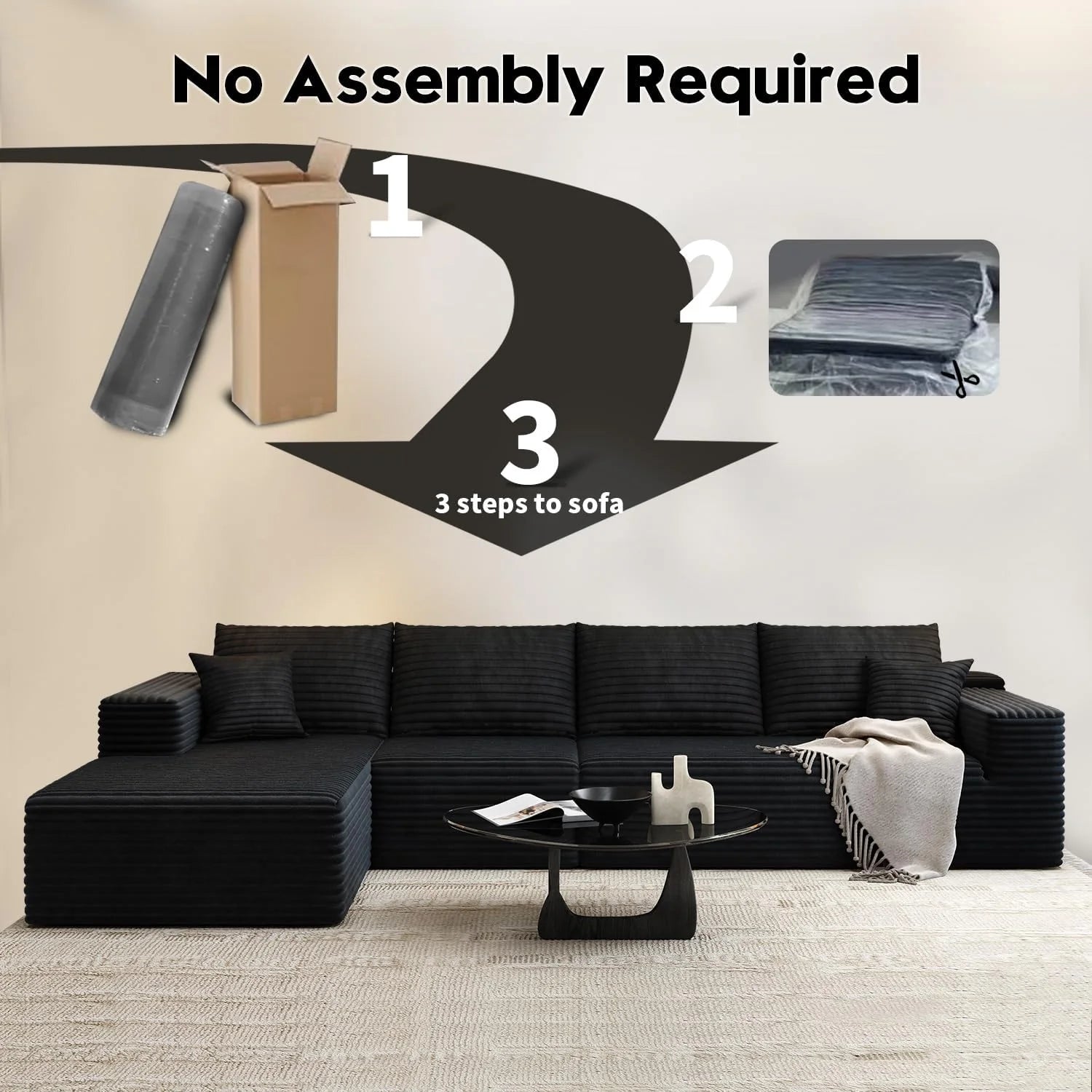 107.5" Cloud Modular Sectional Sofa Couch with L-Shape Chaise,Modern Minimalist Upholstered Couches for Living Room Bedroom,Deep Seat Corner Couch，No Assembly Required (Black,Left Facing Chaise)