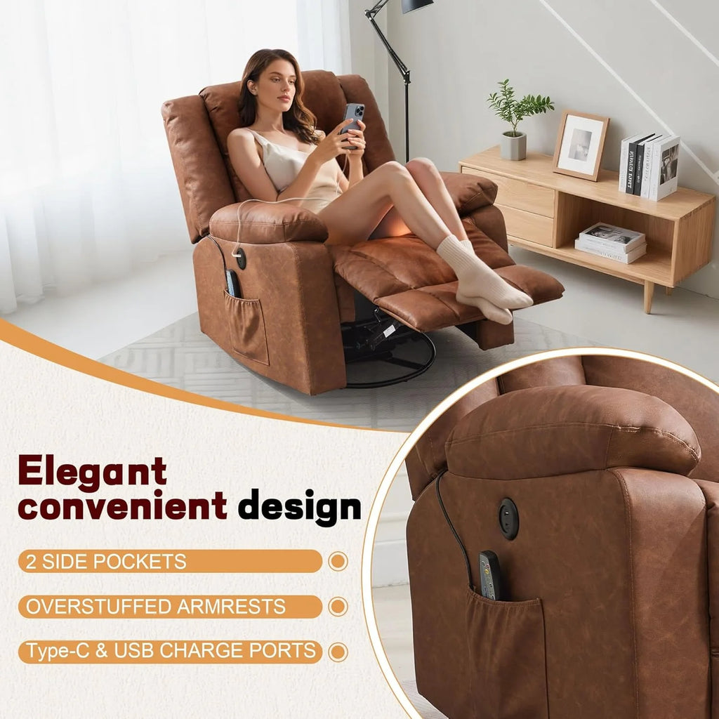 Rocker Recliner, Glider Recliner Chairs for Adults, 360° Swivel Rocking Chair with Massage and Heating, Nursery Chair