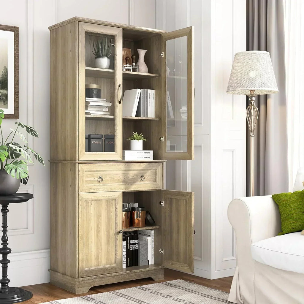 Kitchen Hutch Pantry Cabinet 71" Tall with Glass Doors