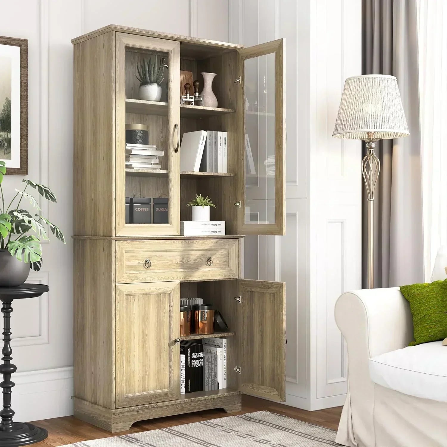 Kitchen Hutch Pantry Cabinet 71" Tall with Glass Doors