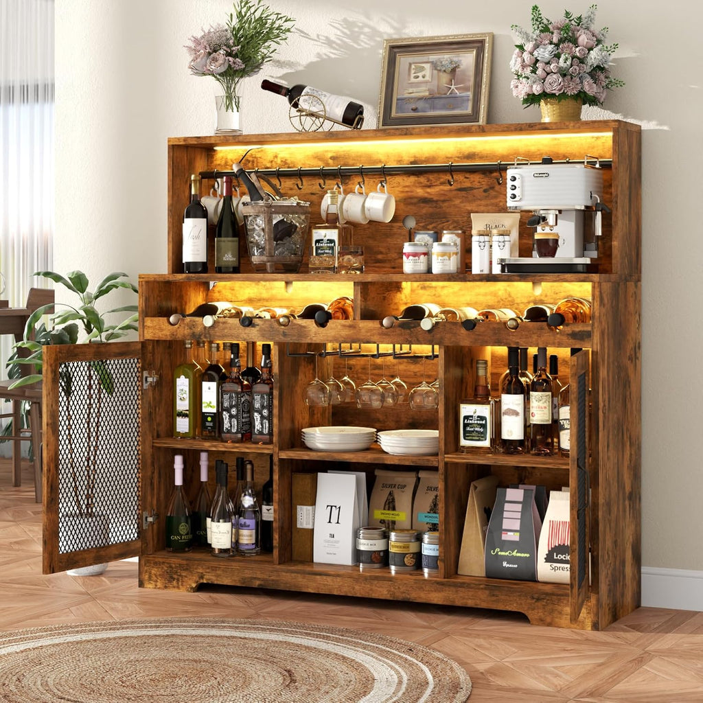 Wine Bar Cabinet with LED Light Liquor Cabinet with Glass Holder Coffee Bar for Liquor