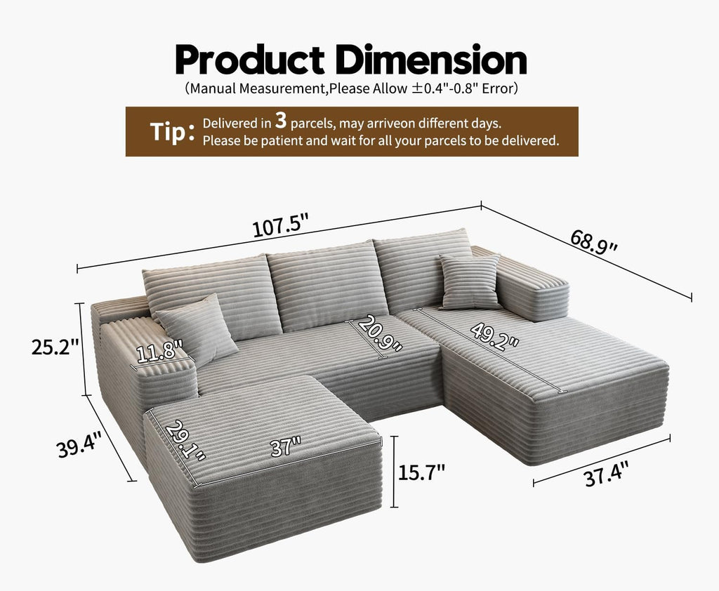 107.5" Cloud Modular Sectional Sofa Couch with L-Shape Chaise,Modern Minimalist Upholstered Couches