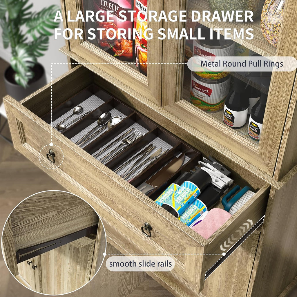 Kitchen Hutch Pantry Cabinet 71" Tall with Glass Doors