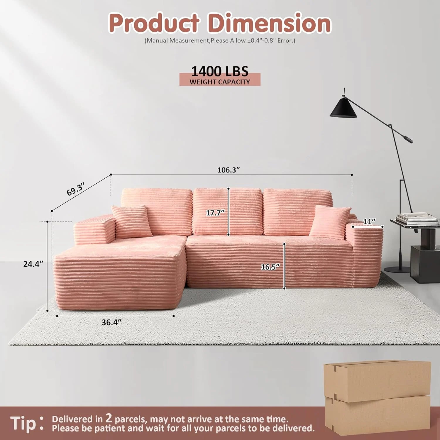 Ovios 104" Cloud Section Sofa L-shaped lounge chair, modern modular sofa