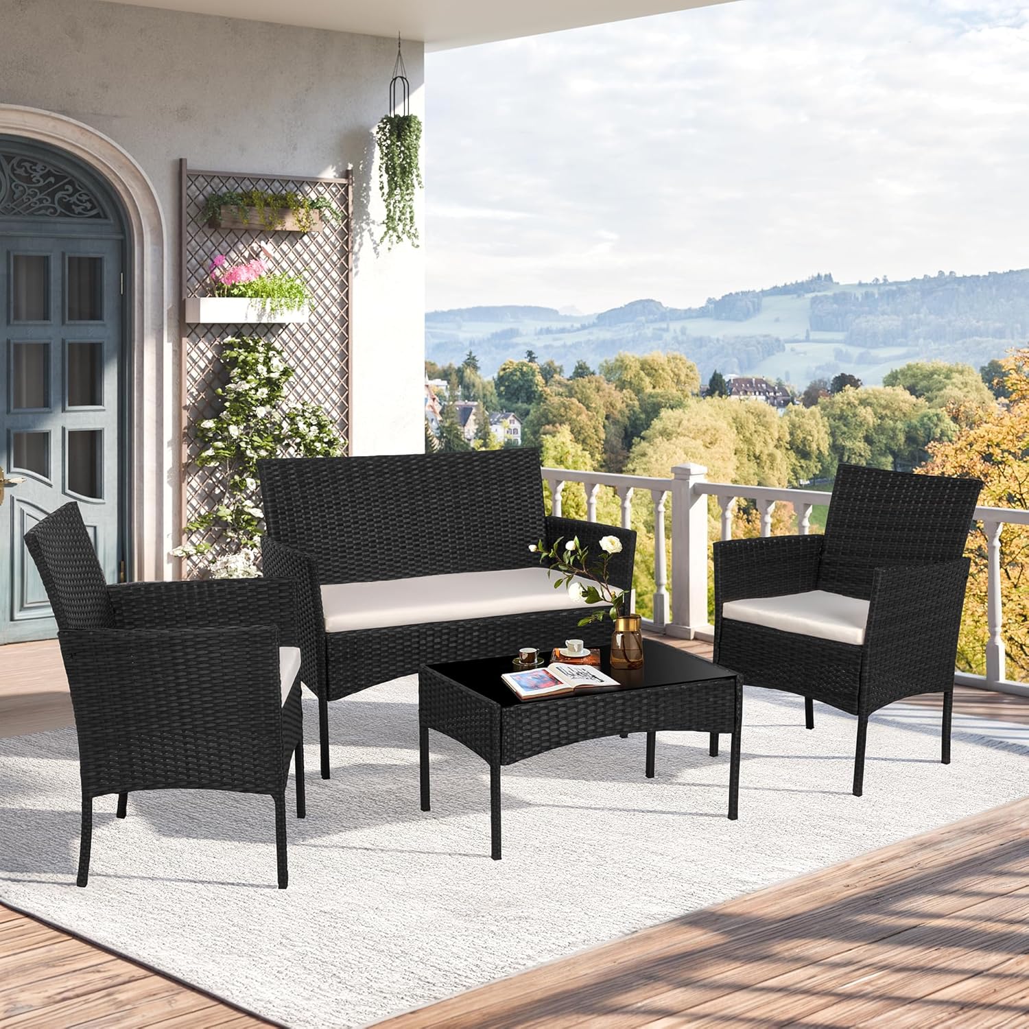 Shintenchi 4 Piece Outdoor Patio Furniture Set, Wicker Rattan Patio Conversation Set, Outdoor Chairs and Loveseat with Coffee Table for Porch, Yard & Poolside (Brown)