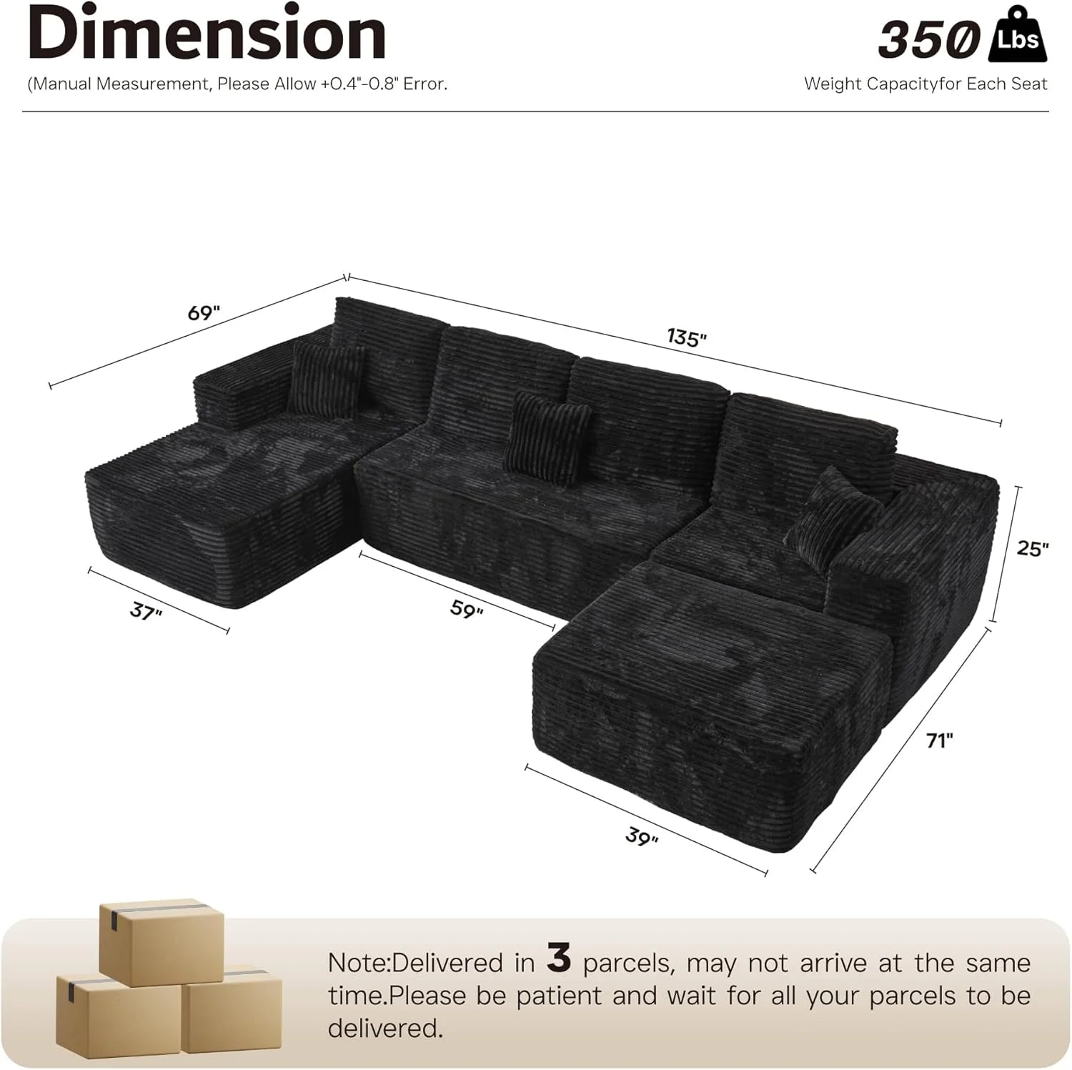 Ovios 104" Cloud Section Sofa L-shaped lounge chair, modern modular sofa