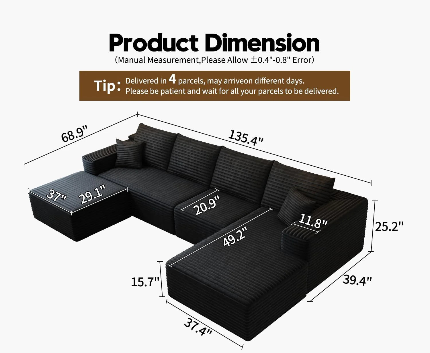 107.5" Cloud Modular Sectional Sofa Couch with L-Shape Chaise,Modern Minimalist Upholstered Couches