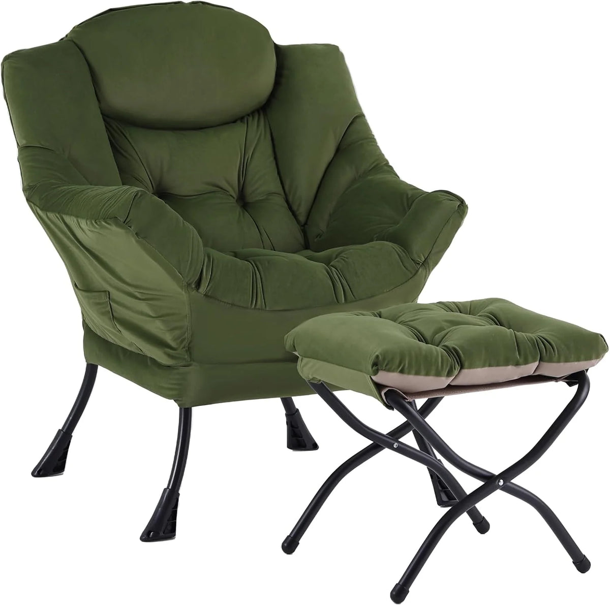 Welnow Lazy Chair with Ottoman, Modern Accent Chair with Armrests and a Side Pocket, Leisure Sofa Armchair, Reading Armchair with Footrest for Small Space, Dark Grey