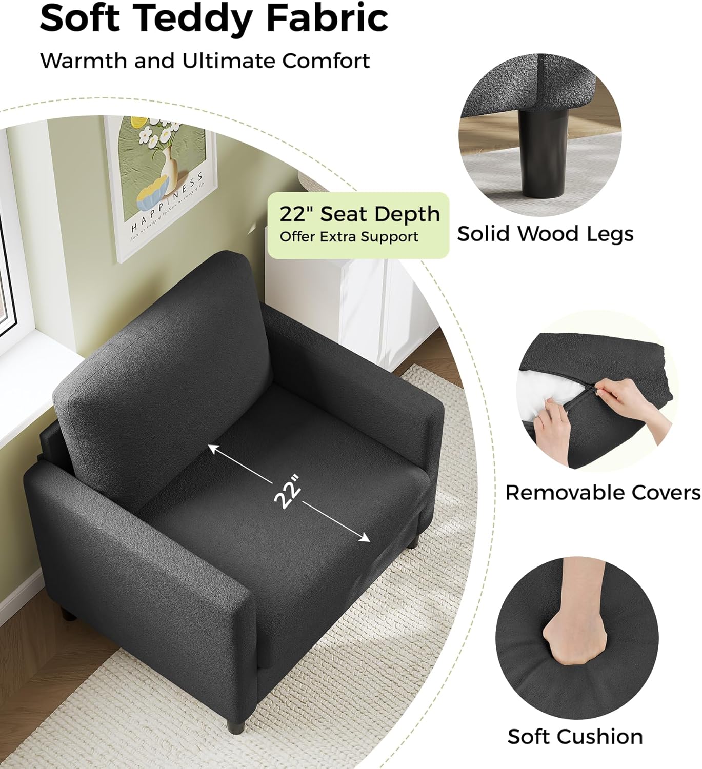 Loveseat Sofa 51" Love Seat Comfy Corduroy Small Loveseat Tool-Free Setup Couch