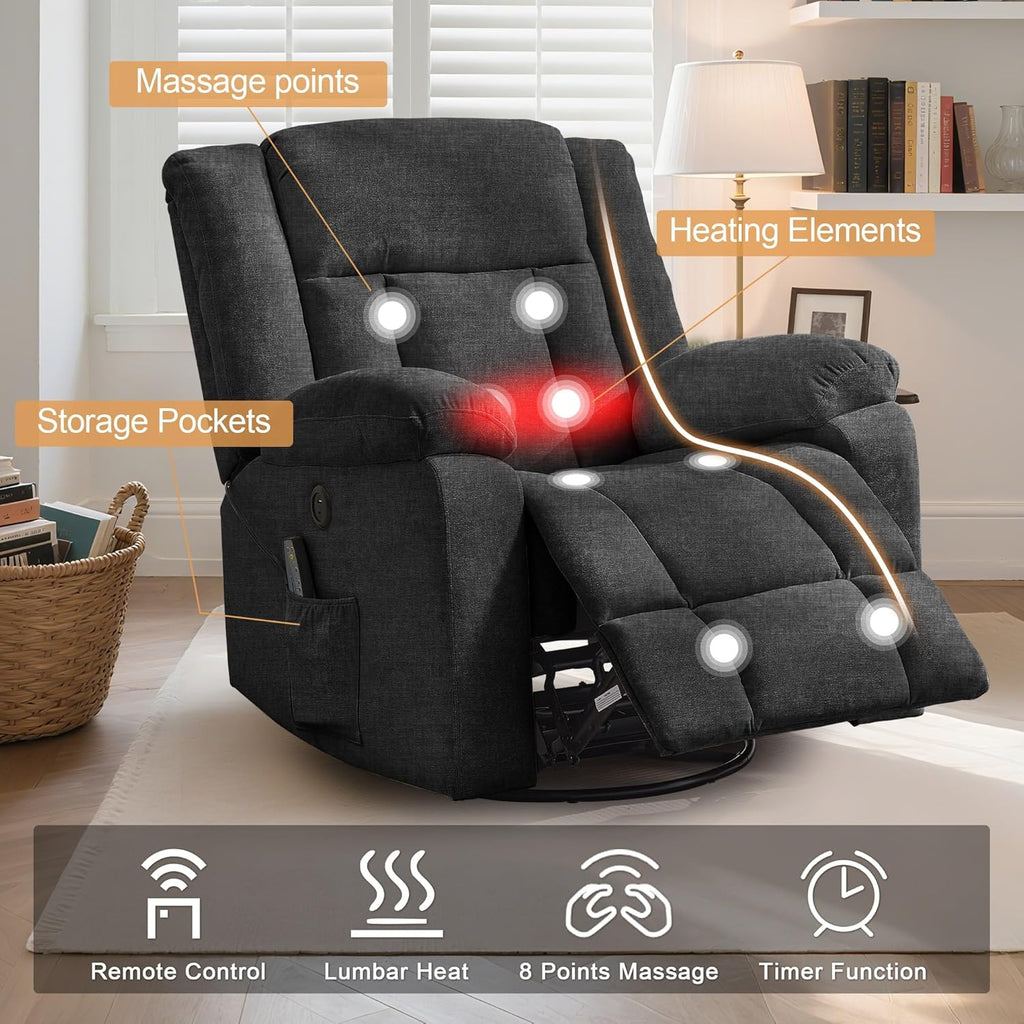 Rocker Recliner, Glider Recliner Chairs for Adults, 360° Swivel Rocking Chair with Massage and Heating, Nursery Chair