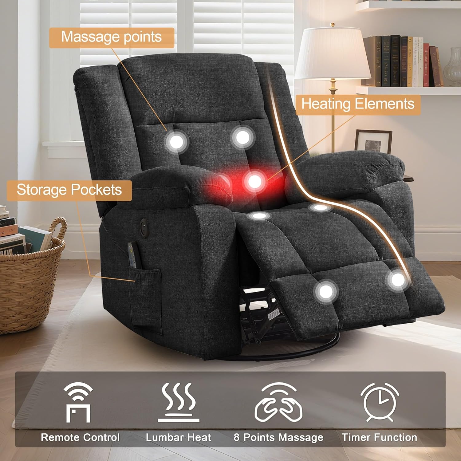 Rocker Recliner, Glider Recliner Chairs for Adults, 360° Swivel Rocking Chair with Massage and Heating, Nursery Chair
