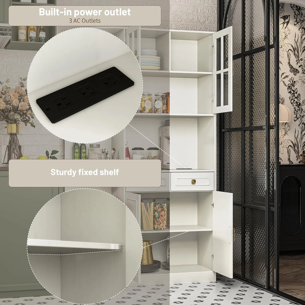 Kitchen Hutch Pantry Cabinet 71" Tall with Glass Doors