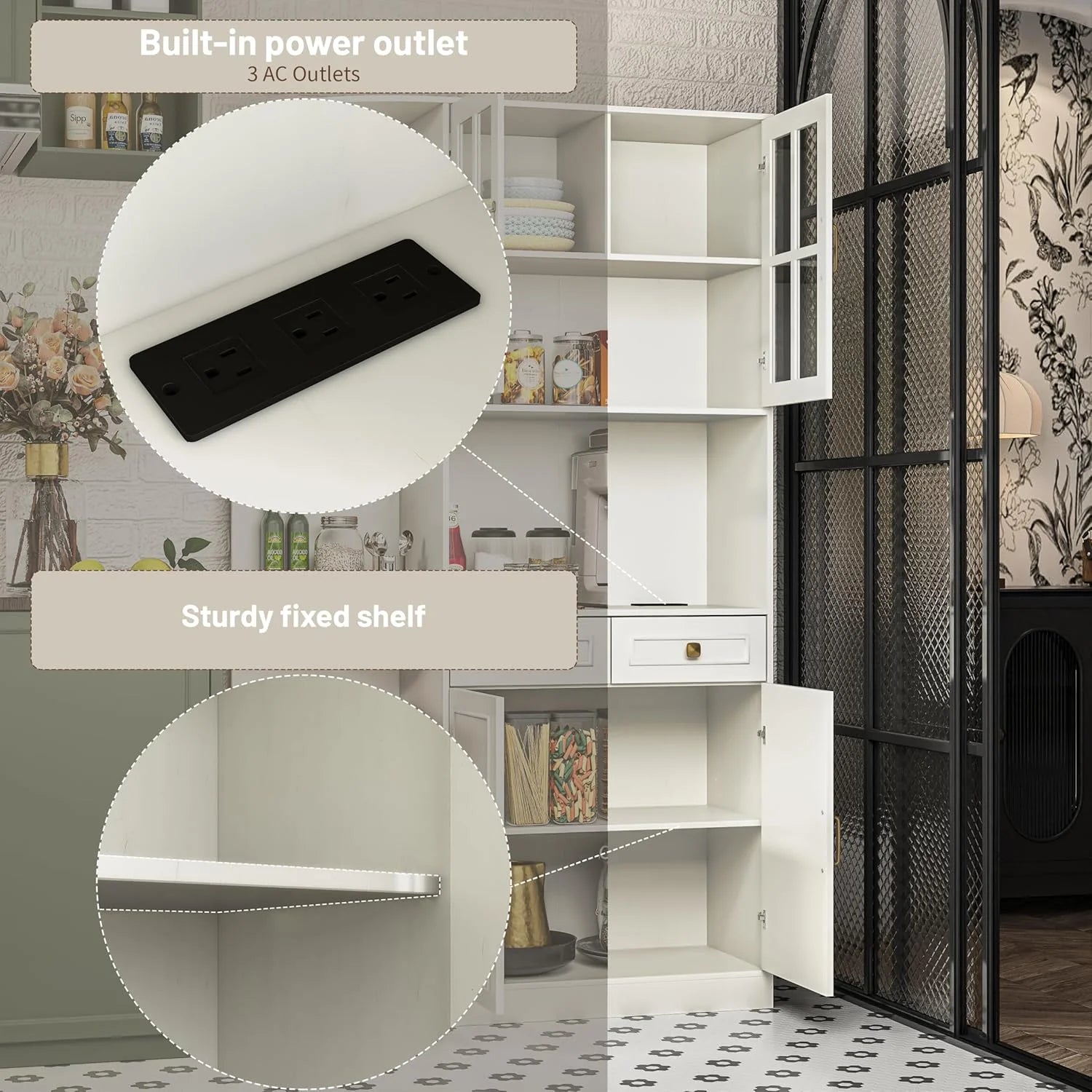 Kitchen Hutch Pantry Cabinet 71" Tall with Glass Doors