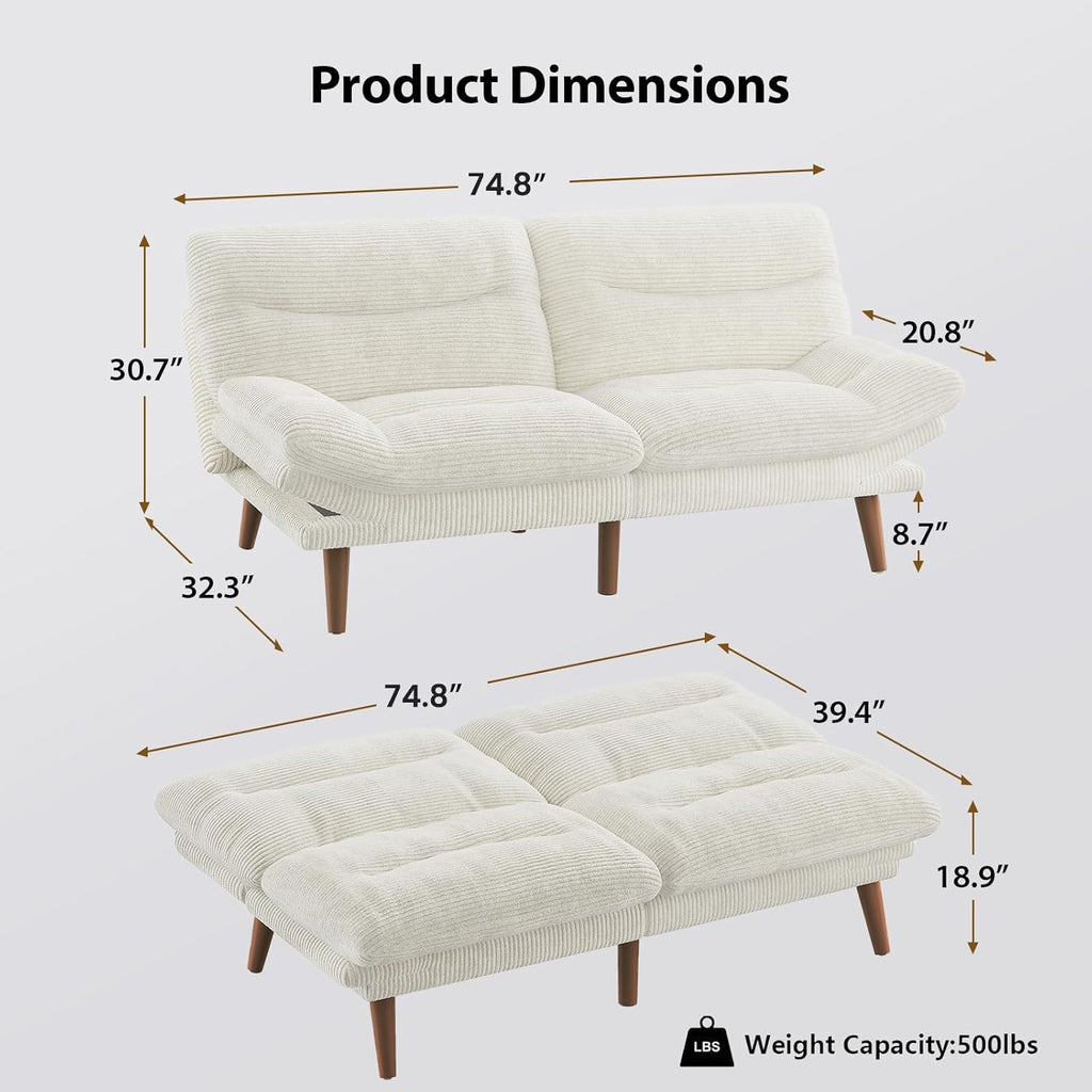 Pipishell Convertible Futon Sofa Bed,66" Corduroy Futon Couch with Adjustable Backrest and Armrests, Recliner Sleeper Sofa for Small Spaces, Play Room or Office, Grey