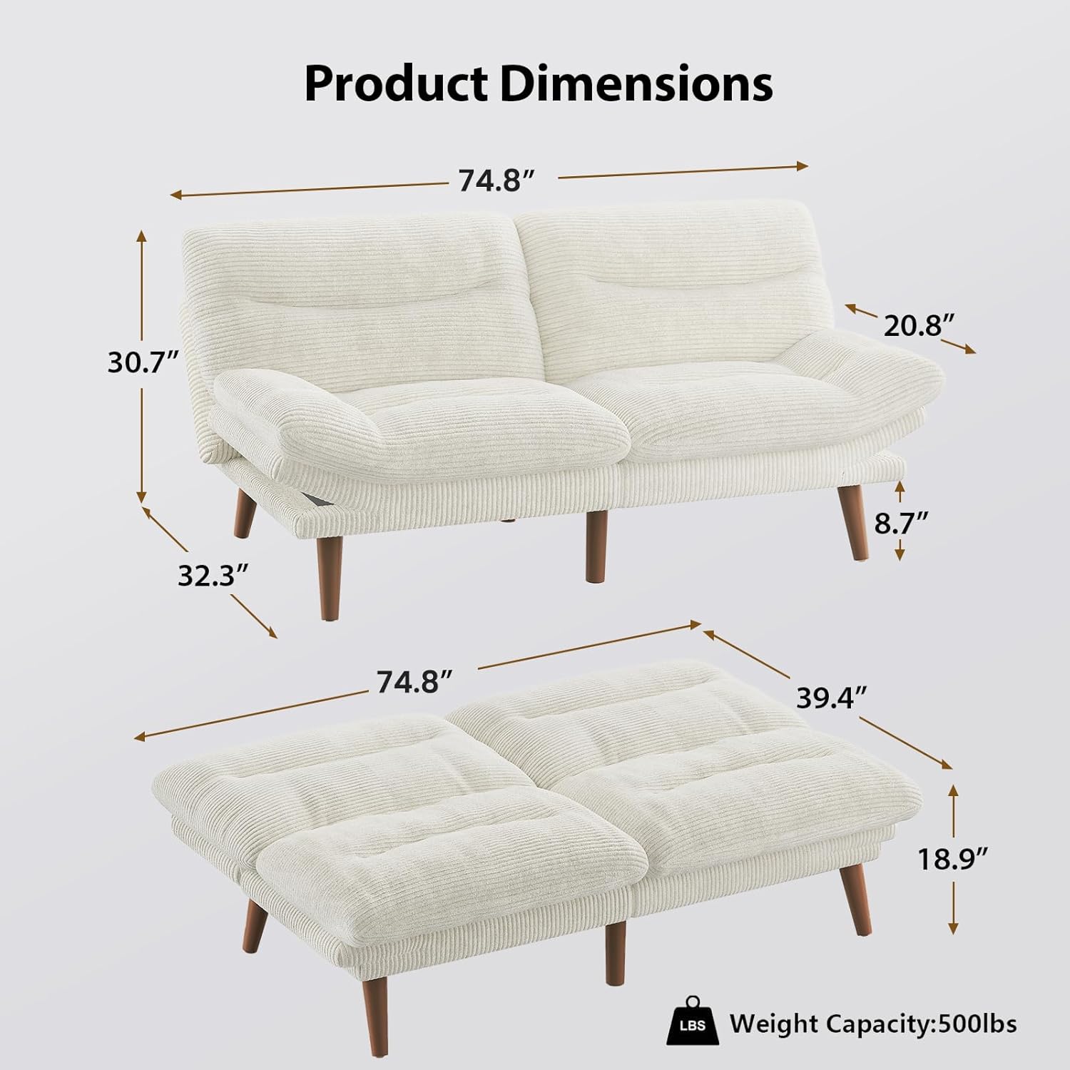 Pipishell Convertible Futon Sofa Bed,66" Corduroy Futon Couch with Adjustable Backrest and Armrests, Recliner Sleeper Sofa for Small Spaces, Play Room or Office, Grey