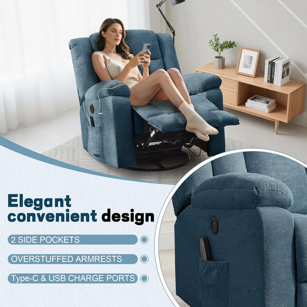 Rocker Recliner, Glider Recliner Chairs for Adults, 360° Swivel Rocking Chair with Massage and Heating, Nursery Chair
