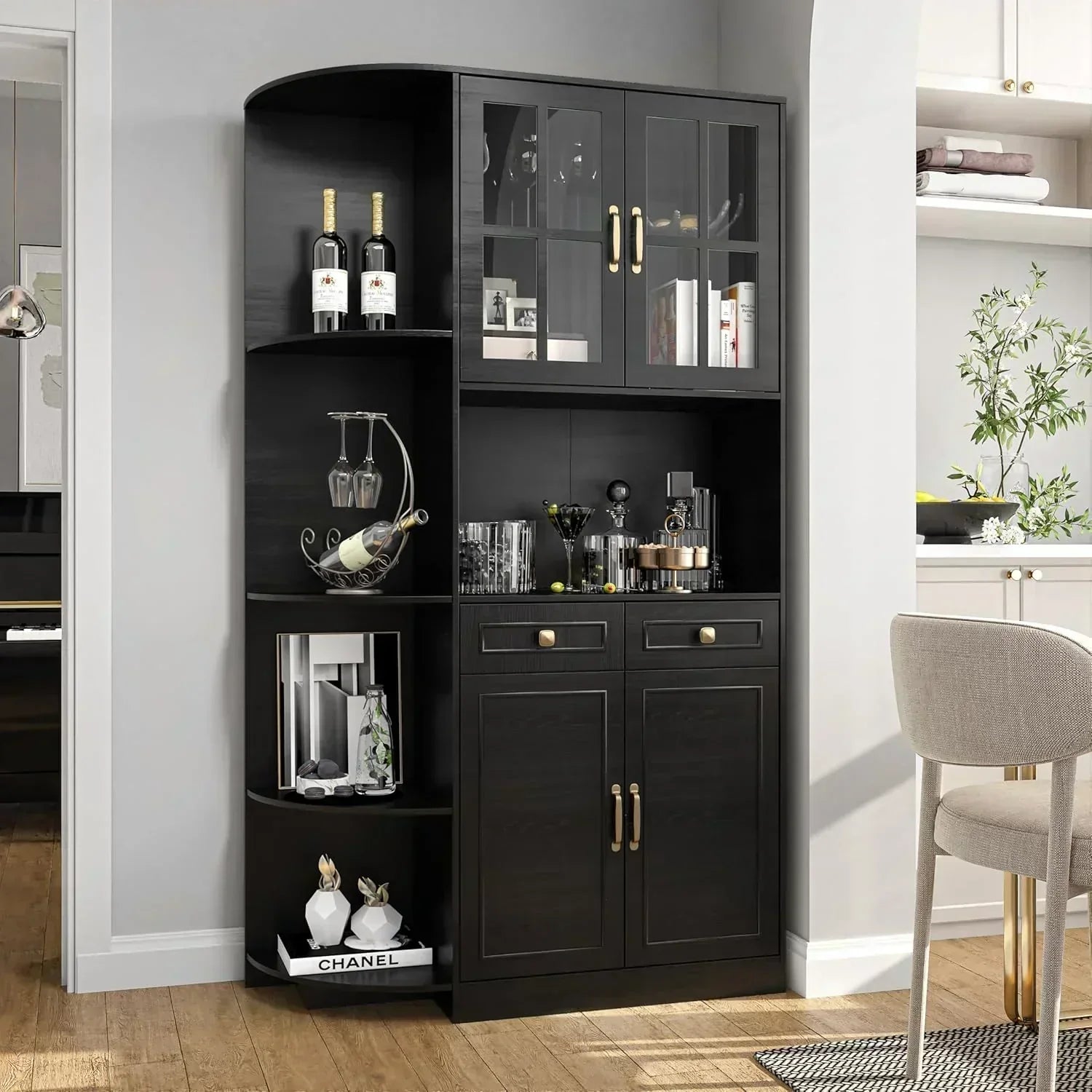 Kitchen Hutch Pantry Cabinet 71" Tall with Glass Doors