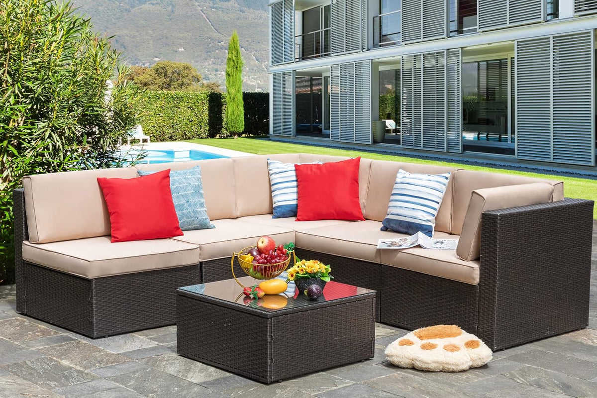 Vongrasig 5 Piece Patio Furniture Sets, Outdoor Patio Set Sectional Sofa, All-Weather PE Rattan Outdoor Couch with Ottoman, Glass Table for Garden, Backyard, Porch, Beige