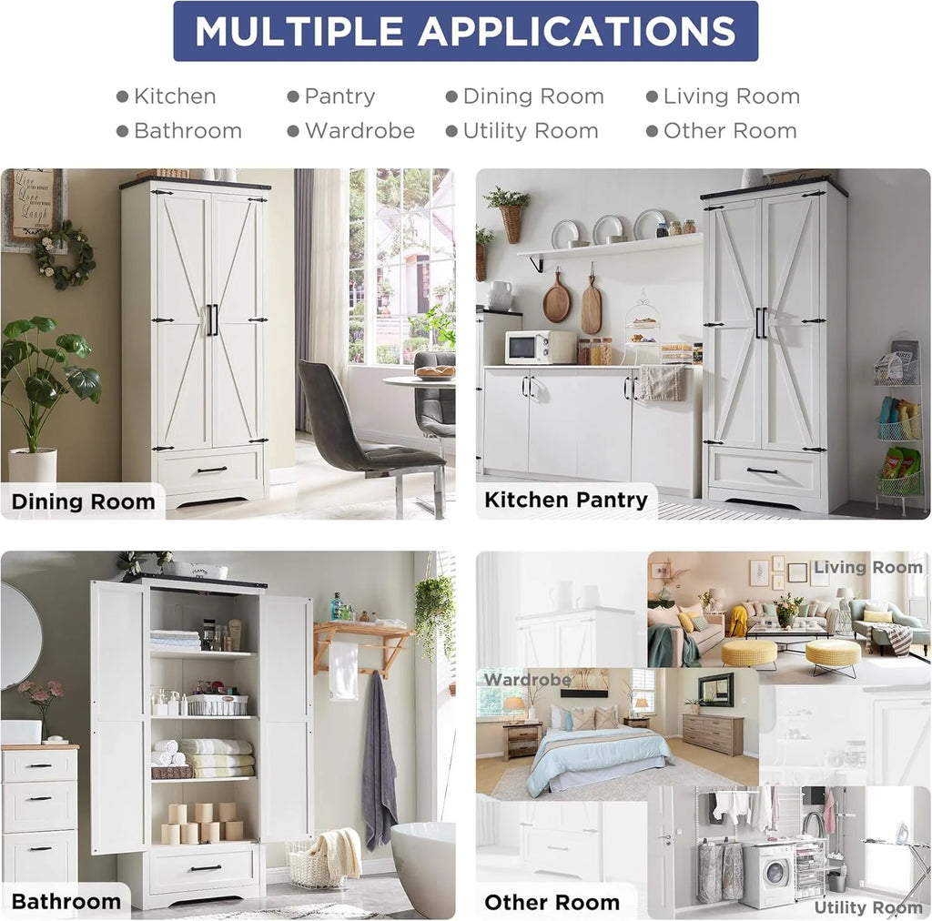 JXQTLINGMU Farmhouse Kitchen Pantry - 72" Tall Wood Kitchen Storage Cabinet with Adjustable Shelves and 2 Barn-Style Doors and Drawers