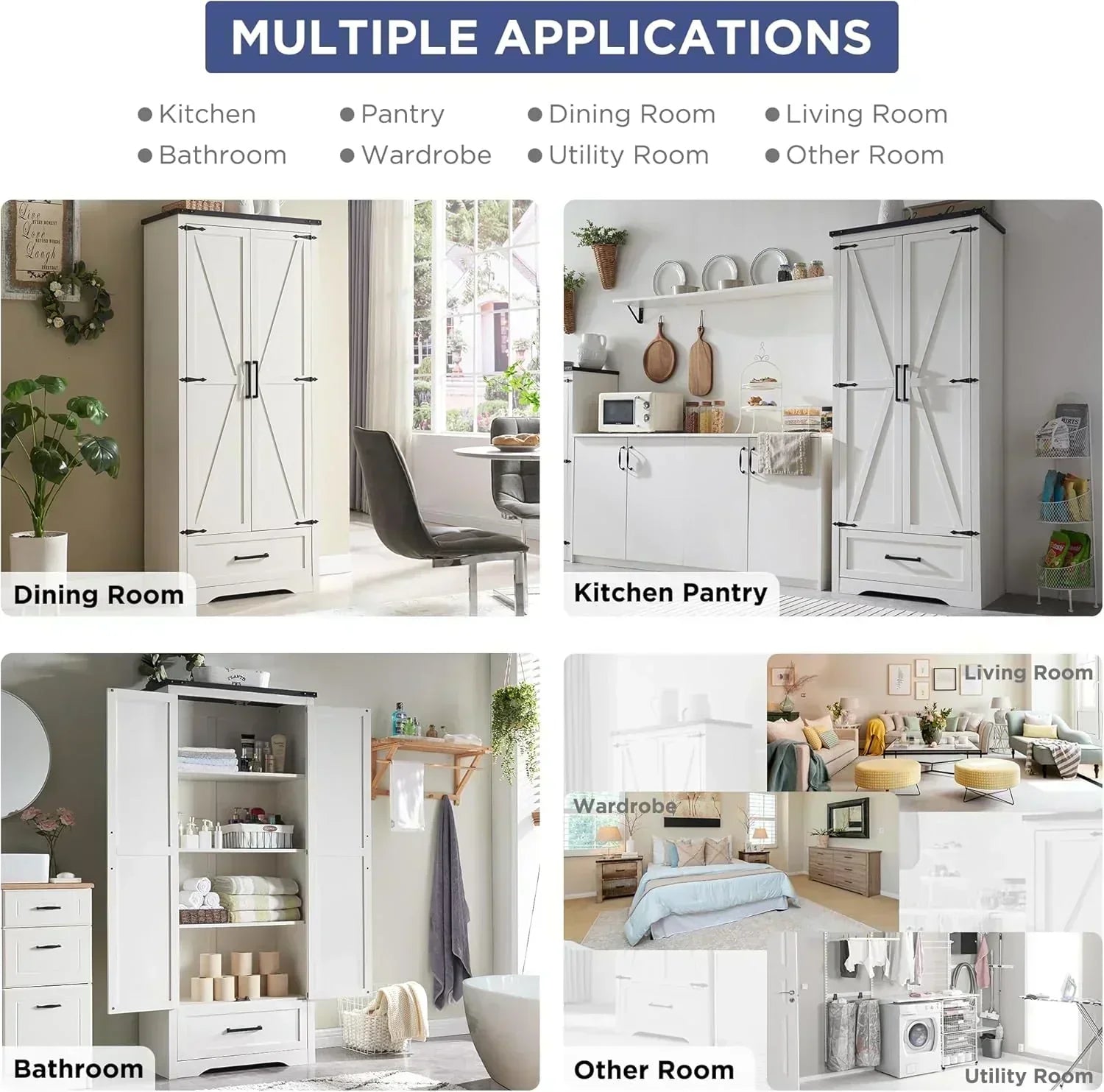 JXQTLINGMU Farmhouse Kitchen Pantry 72" Tall Wood Kitchen Storage Cabinet Adjustable Shelves